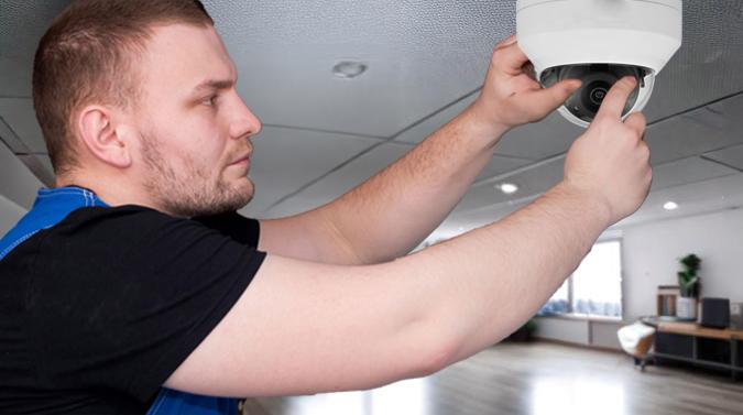 man installing security camera in house