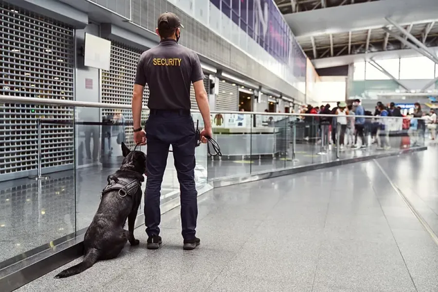 security officer and k9 patrol dog survey crowd