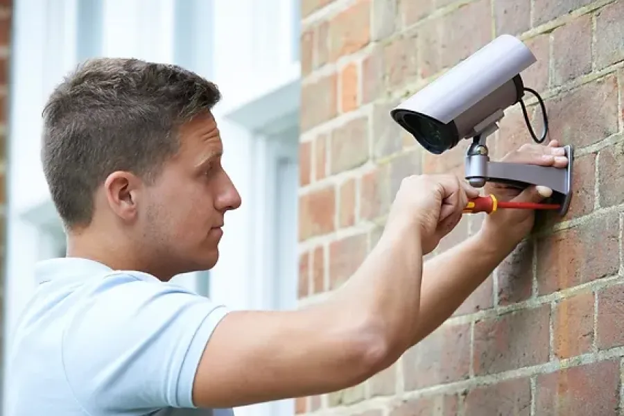 man installing security camera outside building