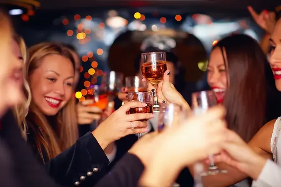 group of young people celebrating with wine glasses