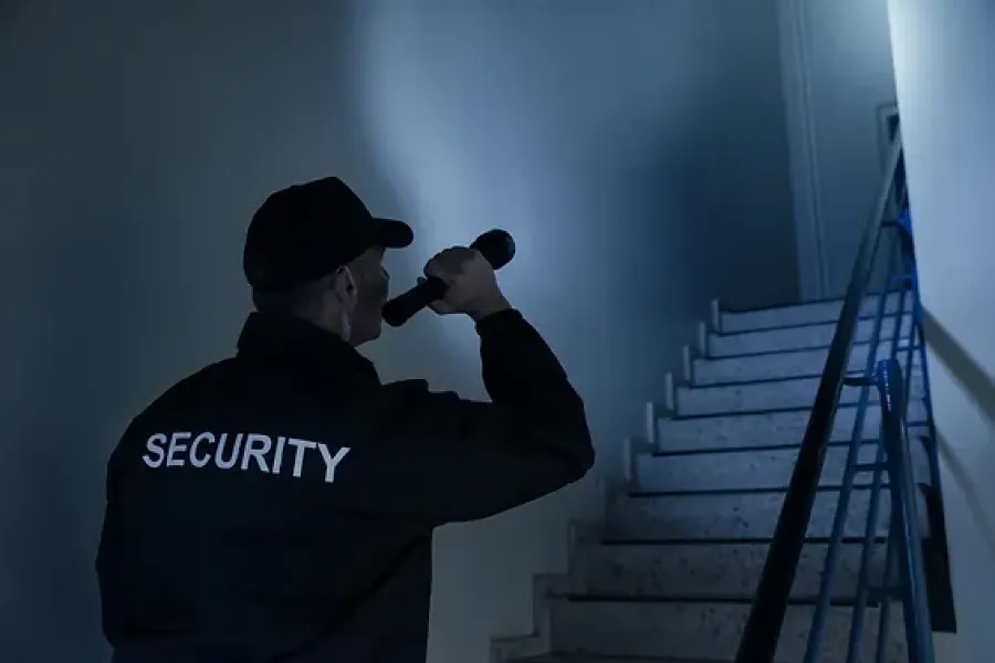 male security officer in dark room shining flashlight upstairs