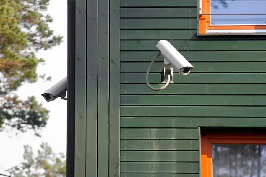 two security cameras mounted on green building angled down