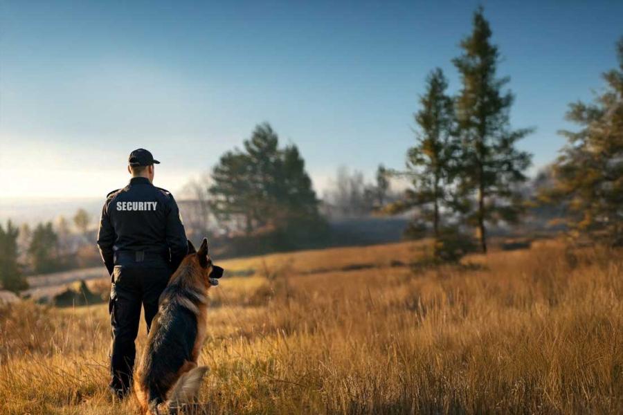 security officer standing beside german shepherd dog in grassy field