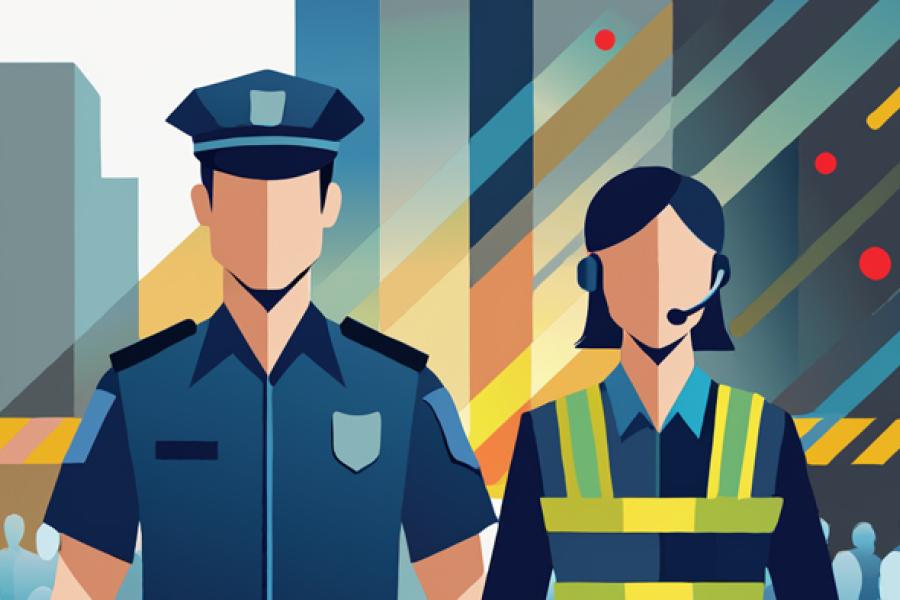 abstract illustration of male and female security officers in city