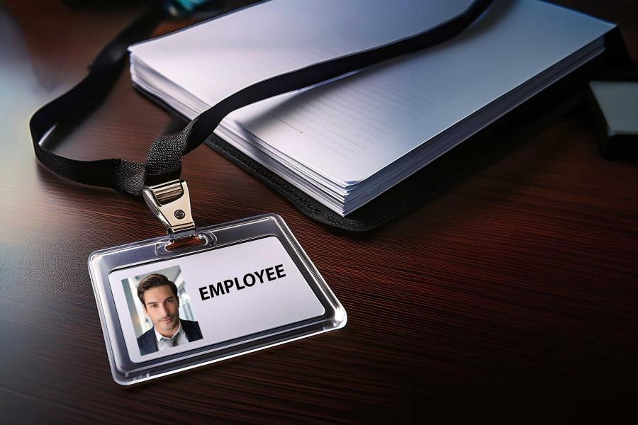 close up of employee id badge lanyard on desk