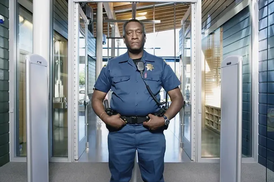 security officer standing in entrance to school looking at camera