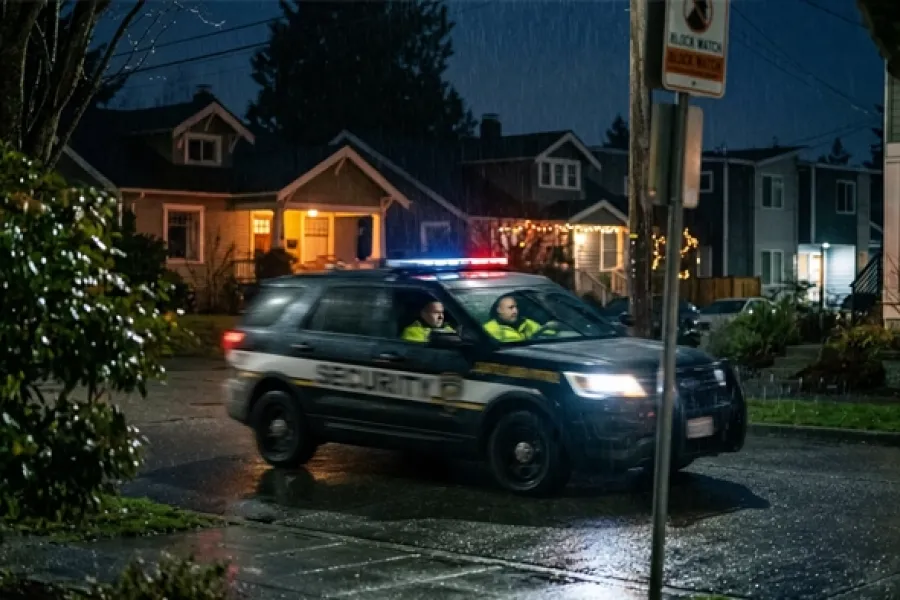 security vehicle patrol through neighborhood