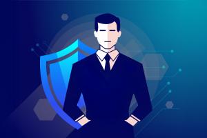 illustration of security officer on blue background with abstract shield in background