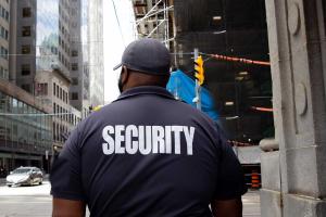 security officer patrolling city neighborhood