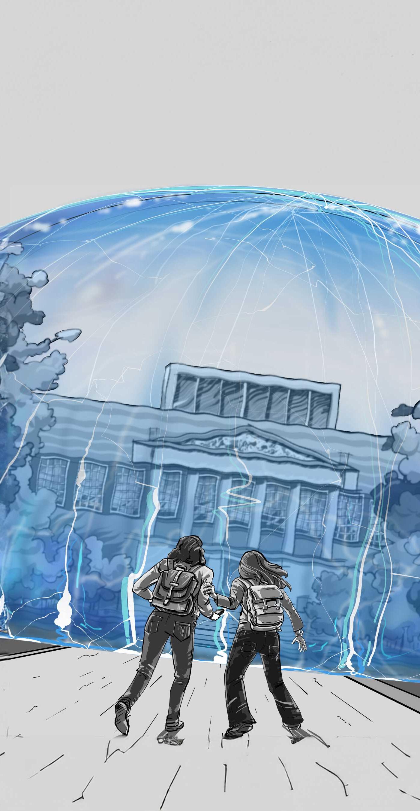 drawing of two students watching as a blue protective dome covers their school campus