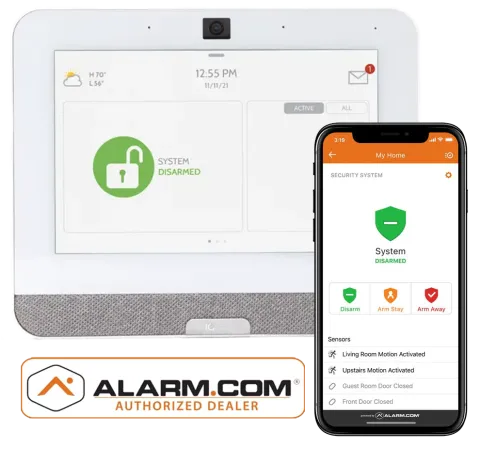 IQ4 alarm panel, mobile app screenshot, alarm.com authorized dealer logo