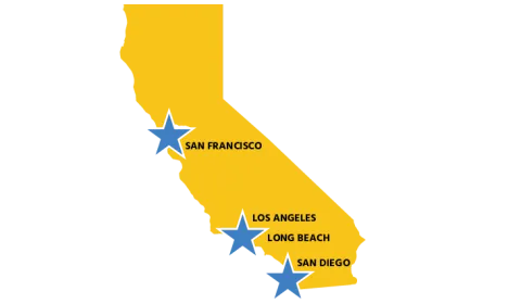 map of california with stars on san francisco, los angeles, long beach, and san diego