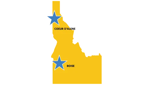 illustrative map of idaho with stars on boise and coeur d'alene