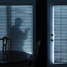 inside of dark house, with shadow of burglar outside seen through the window blinds