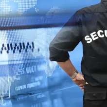 abstract image of security guard seen from back with blue-tinted internet screen in background