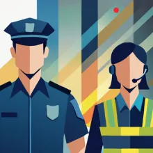 abstract illustration of male and female security officers in city