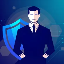 illustration of security officer on blue background with abstract shield in background