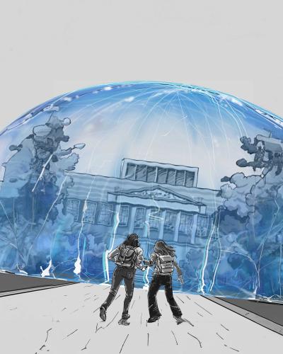 drawing of two students watching as a blue protective dome covers their school campus