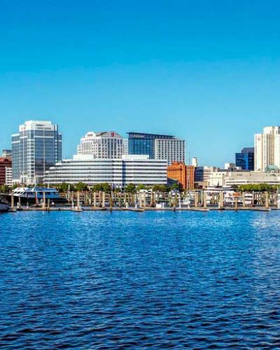 wide angle view of norfolk, virginia as seen from water