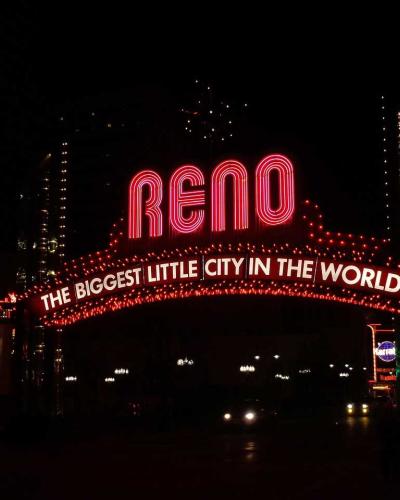 Reno, Nevada sign illuminated at night