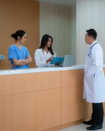 doctor office with three people talking at desk