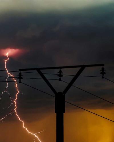 power lines with lightning strike